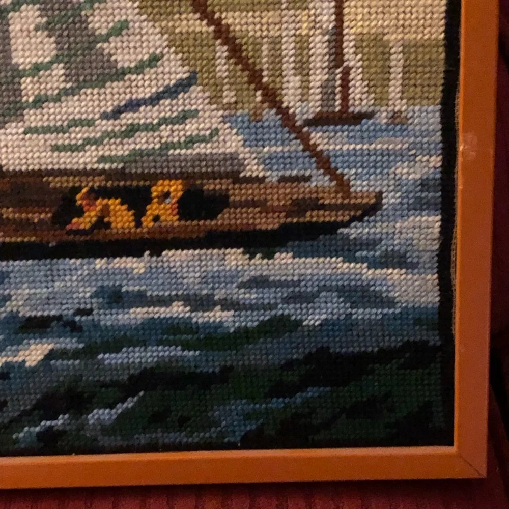 Handcrafted Sailboat Needlepoint Wall Art in Blue and Cream GORGEOUS